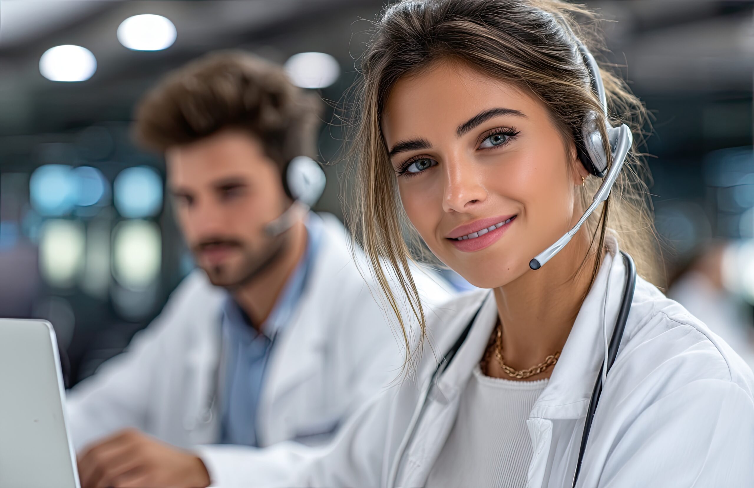 two female and male doctors working in a call center office, using a laptop computer with a headset, sitting at a white desk, wearing lab coat uniforms